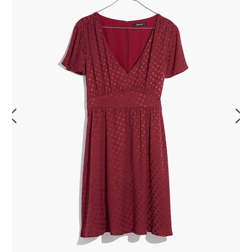 Madewell- V  Neck Fit and flares dress is dot jacquard.
